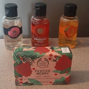 4 Lot The Body Shop ~ 3 Travel Size Shower Gel & Festive Berry Soap 75g